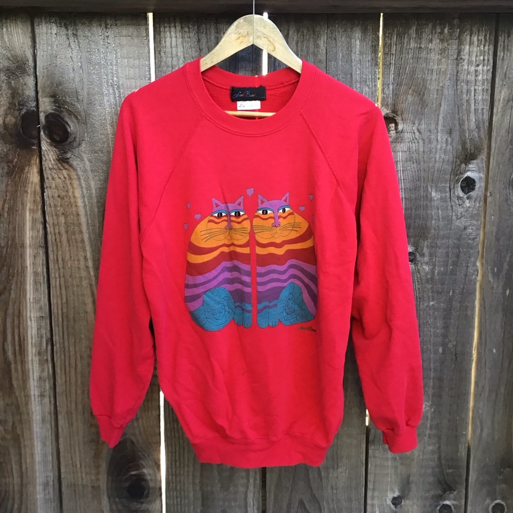 Vintage 90s Laurel Burch cat cats love art red crewneck sweater adult size xl